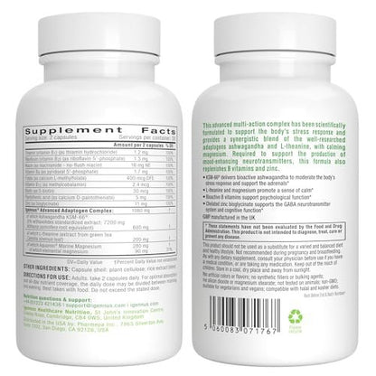 Igennus High Strength Ashwagandha, Magnesium, & L-Theanine Stress Relief Complex, KSM-66 Root Extract Adaptogens, Boosted with Methylfolate, Zinc & Biotin Clean Label, 60 Fast Acting Capsules
