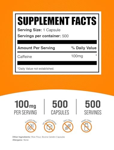 BulkSupplements.com Caffeine 100mg Capsules - Caffeine Pills 100mg, Supplement for Energy Boost - Gluten Free, 1 Capsule per Serving, 500 Count (Pack of 1) - görsel 4