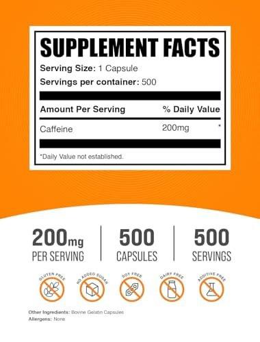 BulkSupplements.com Caffeine 200mg Capsules - Energy Boost Supplement, Gluten Free, 500 Count