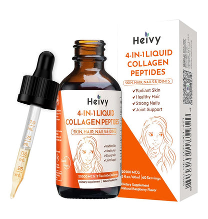 Heivy Liquid Collagen for Women, 60ml Raspberry Flavor, 20500 mcg 4-in-1 Collagen Drops, USA GMP, Sugar-Free, 3rd Party Tested