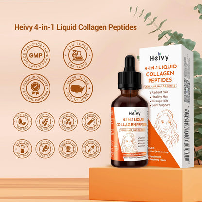 Heivy Liquid Collagen for Women, 60ml Raspberry Flavor, 20500 mcg 4-in-1 Collagen Drops, USA GMP, Sugar-Free, 3rd Party Tested