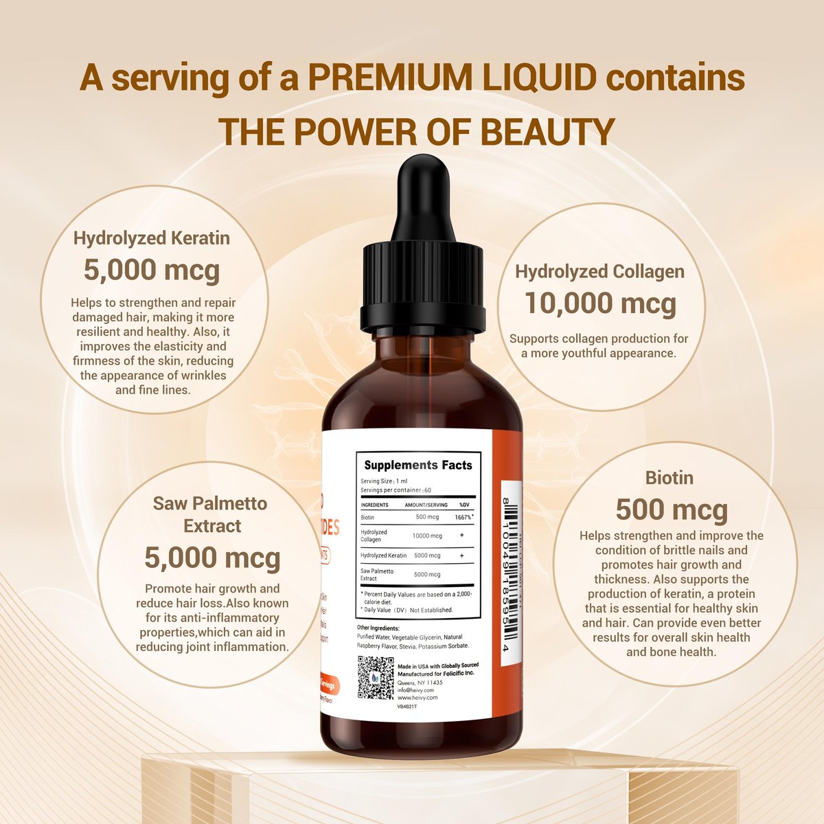 Heivy Liquid Collagen for Women, 60ml Raspberry Flavor, 20500 mcg 4-in-1 Collagen Drops, USA GMP, Sugar-Free, 3rd Party Tested - görsel 3