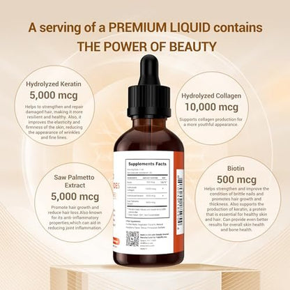 Heivy Liquid Collagen for Women, 60ml Raspberry Flavor, 20500 mcg 4-in-1 Collagen Drops, USA GMP, Sugar-Free, 3rd Party Tested