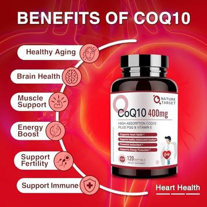 NATURE TARGET CoQ10-400mg Plus PQQ with Vitamin E & Organic Olive Oil - Coenzyme-Q10 with BioPerine - High Absorption Antioxidant for Heart Health and Energy Production, 120 Servings