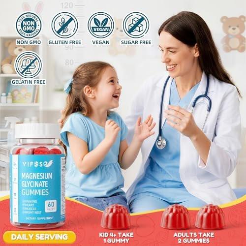 VIFSSG Sugar Free Magnesium Glycinate Gummies 400mg for Adults & 200mg for Kids, Bisglycinate Supplement with L-Theanine, Chamomile, Lemon Balm, Strawberry Flavor, 2-Pack (120 Gummies) - görsel 1