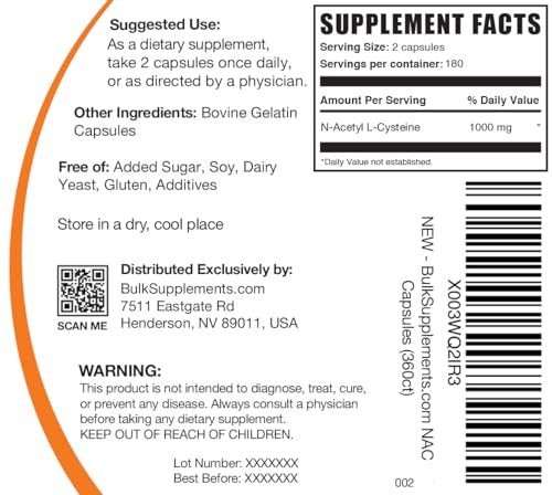 BulkSupplements.com N-Acetyl L-Cysteine Capsules - N-Acetyl Cysteine 600mg, NAC Supplement - 600mg per Capsule, Gluten Free - 1 NAC Capsule per Serving, 360 Capsules (Pack of 1) - görsel 5