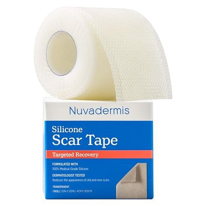 NUVADERMIS Clear Silicone Scar Tape for Surgical Scars - 120" x 1.5" Roll - Extra Long Scar Sheets for C-Section, Tummy Tuck, Keloid, and Surgical Scars - Reusable Medical Grade Silicone Scar Tape