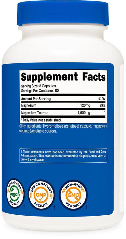 Nutricost Magnesium Taurate 1,500mg; 240 Capsules - Gluten Free, Non-GMO, Vegan, 80 Servings