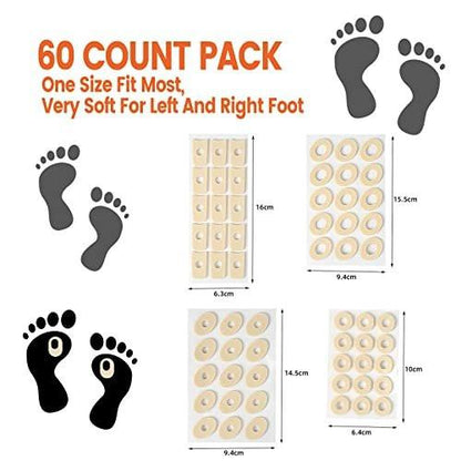 60 Pieces Corn Cushions, Soft Latex Foam Self Adhesive Callus Pads Corn Pad Anti Friction Reduce Foot and Heel Pain, 4 Models (60 Pieces)