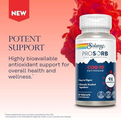 SOLARAY CoQ-10 Phytosome - 9X Absorption CoQ10 200mg - Easy-to-Digest Antioxidants Supplement - Vegan and Made Without Soy - 60-Day Guarantee - 30 Servings, 30 VegCaps
