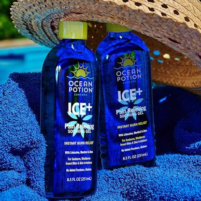 Ocean Potion Sun Care Cooling After Sun Gel, Sun Burn Relief Gel Moisturizer with Lidocaine Cream, Menthol, Aloe Vera and Tea Tree Oil, Sunburn Relief, 8.5oz