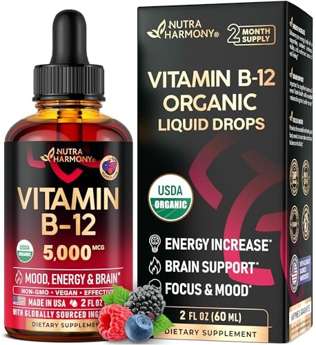 USDA Organic Vitamin B12 Sublingual Drops - 5000 mcg Liquid Vegan Methylcobalamin for Women & Men - Energy Boost, Focus & Mood, Brain Health Support - Maximize Absorption - 2 Month Supply, 2 fl oz - görsel 8