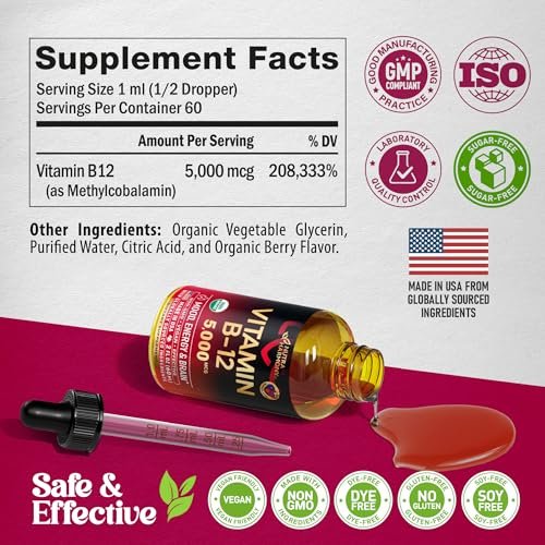 USDA Organic Vitamin B12 Sublingual Drops - 5000 mcg Liquid Vegan Methylcobalamin for Women & Men - Energy Boost, Focus & Mood, Brain Health Support - Maximize Absorption - 2 Month Supply, 2 fl oz - görsel 1