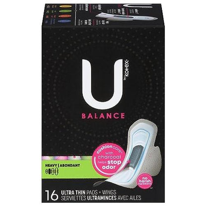 U by Kotex Balance Heavy Ultra Thin Pads + Wings, 16 Count