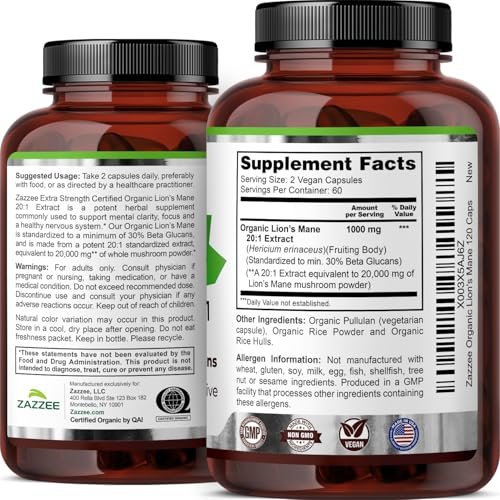 Zazzee USDA Organic Lion's Mane 20:1 Extract, 1000 mg Per Serving, 30% Beta Glucans, 120 Vegan Capsules, Nootropic for Brain Health, Focus, Memory & Immune Support, All-Natural, Non-GMO, Made in USA - görsel 14