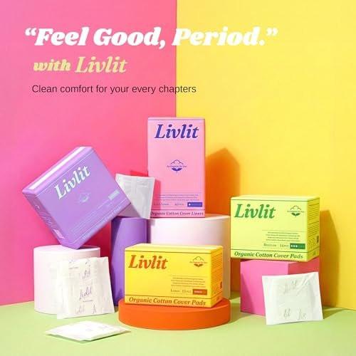 Livlit Regular Size Ultra Thin Sanitary Pads, 100% Organic Cotton from Texas, Powerful Leak Protection, Unscented, Chlorine Free and Absorbency of Feminine Periods, Pads for Women (36 Count) - görsel 2