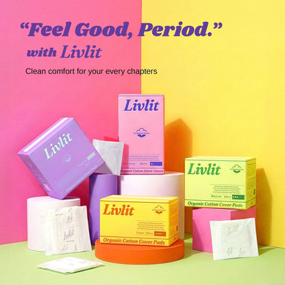 Livlit Super Long Overnight Pads - 100% Organic Cotton from Texas, Heavy Absorbency, Powerful Leak Protection, Unscented, Extra Long Length (10 Count)