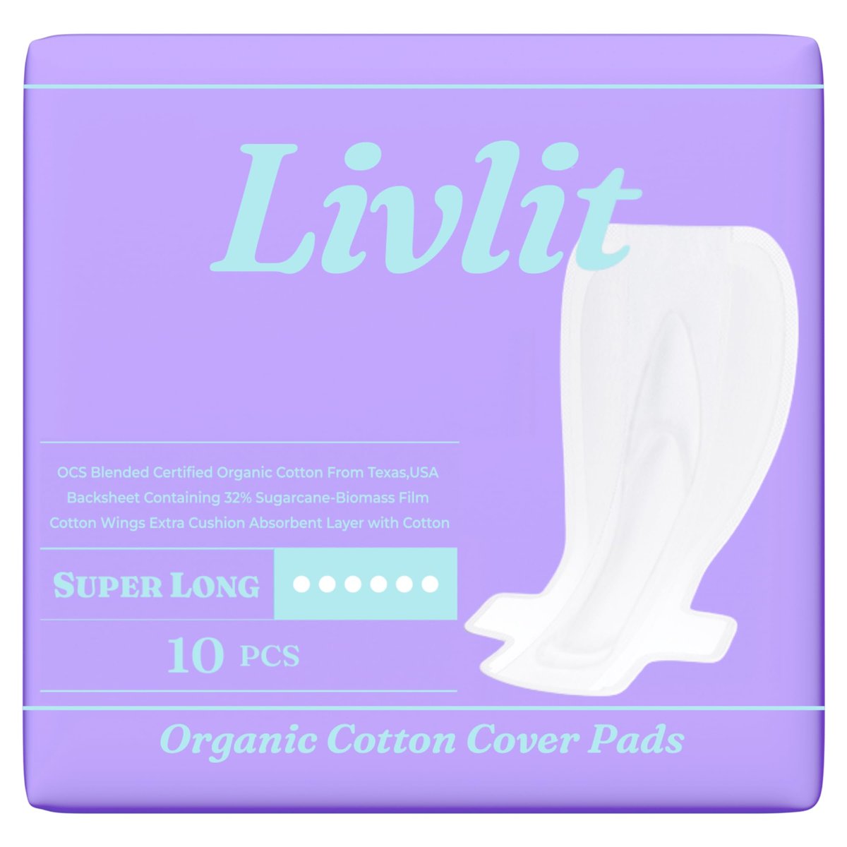 Livlit Super Long Overnight Pads - 100% Organic Cotton from Texas, Heavy Absorbency, Powerful Leak Protection, Unscented, Extra Long Length (10 Count) - görsel 1