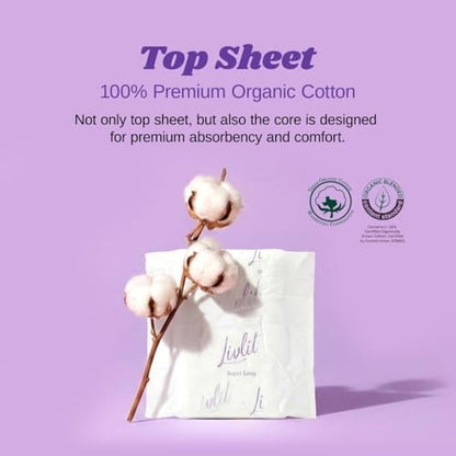 Livlit Super Long Overnight Pads - 100% Organic Cotton from Texas, Heavy Absorbency, Powerful Leak Protection, Unscented, Extra Long Length (10 Count)