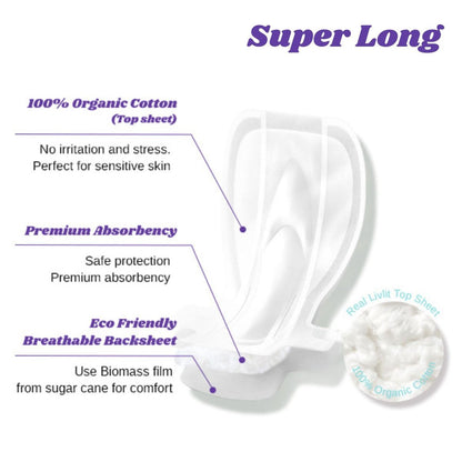 Livlit Super Long Overnight Pads - 100% Organic Cotton from Texas, Heavy Absorbency, Powerful Leak Protection, Unscented, Extra Long Length (10 Count)