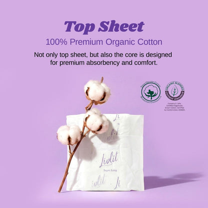 Livlit Super Long Overnight Pads - 100% Organic Cotton from Texas, Heavy Absorbency, Powerful Leak Protection, Unscented, Extra Long Length (10 Count)