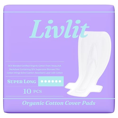 Livlit Super Long Overnight Pads - 100% Organic Cotton from Texas, Heavy Absorbency, Powerful Leak Protection, Unscented, Extra Long Length (10 Count) - görsel 2