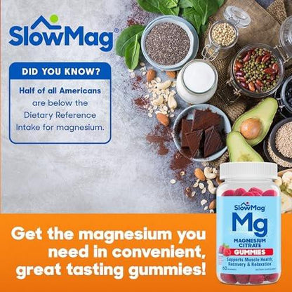 SlowMag Magnesium Citrate Gummies, 60 Count, Supports Muscle Health, Natural Berry Flavor, Recovery & Relaxation