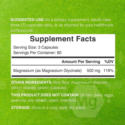 Max Strength Magnesium Glycinate 500mg Per Serving, 240 Capsules | 100% Chelated for Easy Absorption | Essential Mineral Supplement for Muscle, Sleep, & Heart Health
