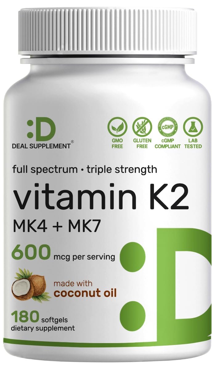 DEAL SUPPLEMENT Vitamin K2 Supplement 600mcg, 180 Coconut Oil Softgels | Full Spectrum High Absorption MK-7 & MK-4 Forms | Bone, Joint, & Immune Support – Non-GMO - görsel 1