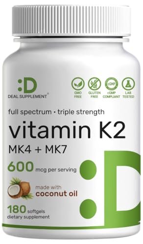 DEAL SUPPLEMENT Vitamin K2 Supplement 600mcg, 180 Coconut Oil Softgels | Full Spectrum High Absorption MK-7 & MK-4 Forms | Bone, Joint, & Immune Support – Non-GMO - görsel 2