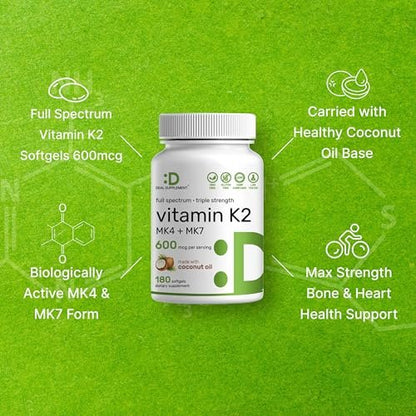 DEAL SUPPLEMENT Vitamin K2 Supplement 600mcg, 180 Coconut Oil Softgels | Full Spectrum High Absorption MK-7 & MK-4 Forms | Bone, Joint, & Immune Support – Non-GMO