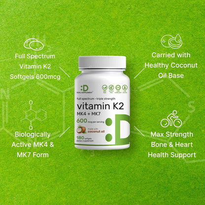 DEAL SUPPLEMENT Vitamin K2 Supplement 600mcg, 180 Coconut Oil Softgels | Full Spectrum High Absorption MK-7 & MK-4 Forms | Bone, Joint, & Immune Support – Non-GMO
