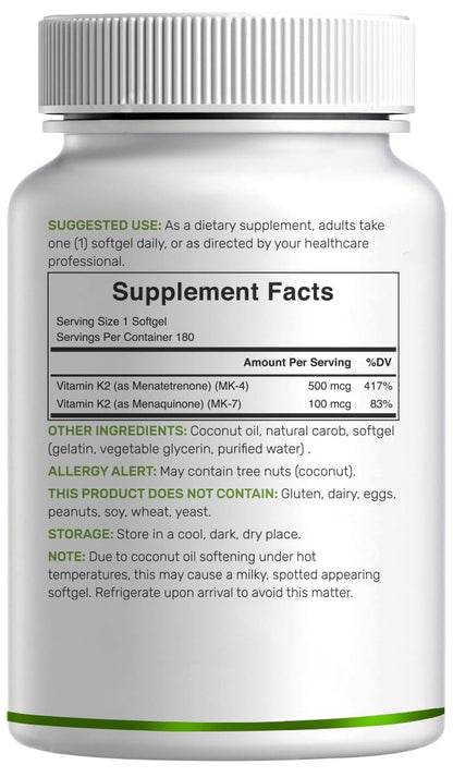 DEAL SUPPLEMENT Vitamin K2 Supplement 600mcg, 180 Coconut Oil Softgels | Full Spectrum High Absorption MK-7 & MK-4 Forms | Bone, Joint, & Immune Support – Non-GMO