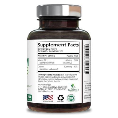 Calcium Supplement with Vitamin D3-1200 mg Calcium per Serving with D3 for Best Absorption - Supports Immune Health, Bones & Teeth - Nature's Calcium is Bottled in USA for Women & Men - 240 Tablets