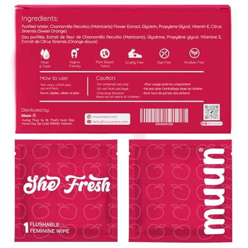 Muun Feminine Wipes Flushable - 50 Counts Individual Vaginal Wipes pH Balance, Anti Itch Deodorant Hygiene Wrapped Personal Cleansing, Wet Wipes for Intimate, Butt - görsel 1