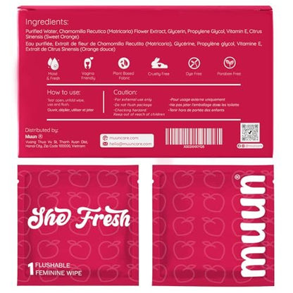 Muun Feminine Wipes Flushable - 50 Counts Individual Vaginal Wipes pH Balance, Anti Itch Deodorant Hygiene Wrapped Personal Cleansing, Wet Wipes for Intimate, Butt