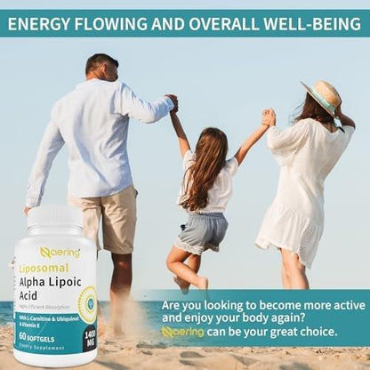Liposomal Alpha Lipoic Acid 1400mg Softgels, ALA Supplement with L-Carnitine 1000mg, Ubiquinol (Active CoQ10) 100mg and Vitamin E 10mg,Alpha-Lipoic Acid for Antioxidants, Nerve,Energy 60 Softgels