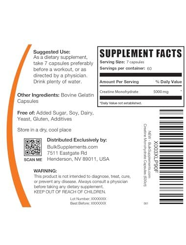 BulkSupplements.com Creatine Monohydrate Capsules - Micronized Creatine Pills - Gluten Free, 7 Capsules per Serving (5000mg), 420 Count (Pack of 1) - görsel 1