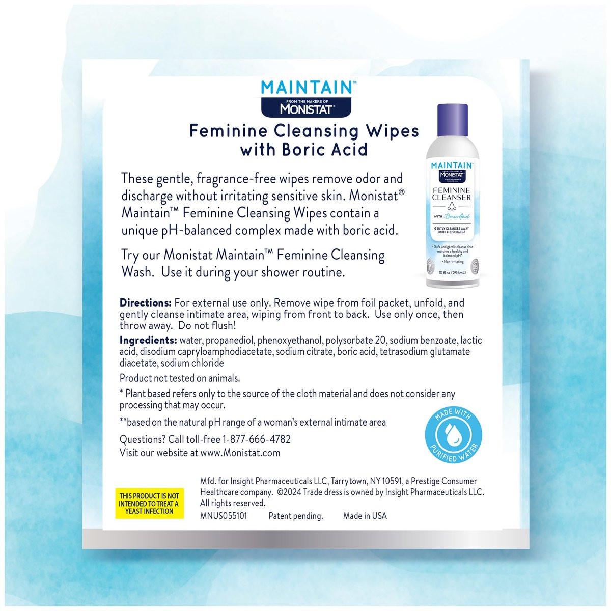 Monistat Maintain Boric Acid Feminine Wipes, Fragrance-Free, Non-Irritating and pH-Balanced Wipes for Women, Individually Wrapped Feminine Care, 12 Count, Pack of 3 - görsel 12