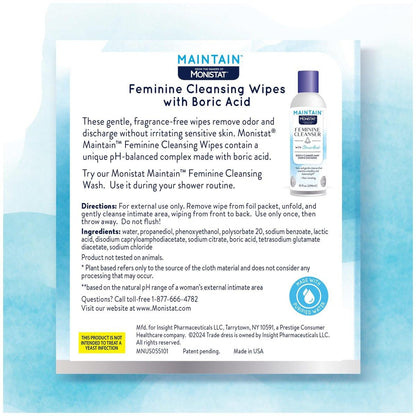 Monistat Maintain Boric Acid Feminine Wipes, Fragrance-Free, Non-Irritating and pH-Balanced Wipes for Women, Individually Wrapped Feminine Care, 12 Count, Pack of 3