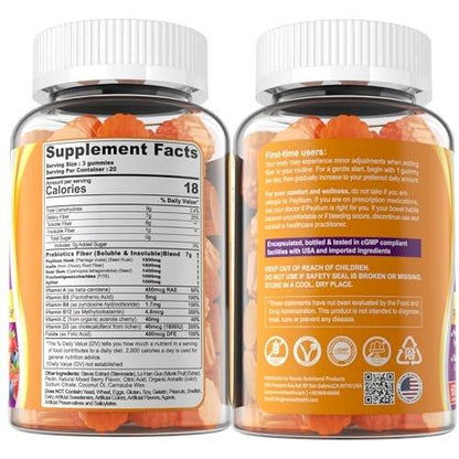 1Pack Fiber Gummies for Adults with Psyllium Husk, 7G (Soluble + Insoluble) Daily Prebiotic Fiber with Inulin, FOS, Guar Gum, Multivitamins for Daily Digestive Health, Regularity Gut Support, Sugar Free
