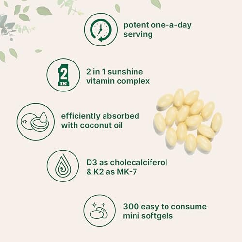 Micro Ingredients Vitamin D3 5,000 IU + K2 MK-7 100 mcg, 300 Softgels | Virgin Coconut Oil | 2-in-1 Support | Easy to Swallow, Non-GMO - görsel 1