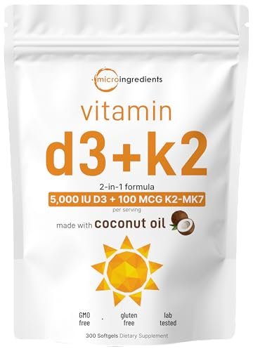 Micro Ingredients Vitamin D3 5,000 IU + K2 MK-7 100 mcg, 300 Softgels | Virgin Coconut Oil | 2-in-1 Support | Easy to Swallow, Non-GMO - görsel 7