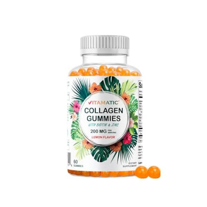 Vitamatic Hydrolyzed Collagen Gummies with Vitamin C, Zinc and Biotin, 200 mg - Healthy Skin Support - 60 Gummies