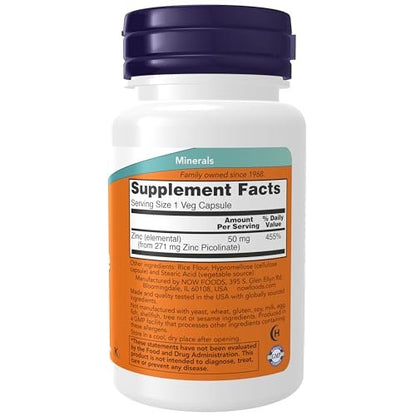 NOW Foods Zinc Picolinate 50 mg – Supports Enzyme Functions & Immune Health, 30 Veg Capsules