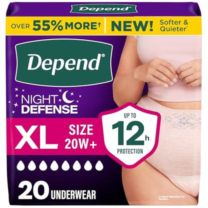 Depend Night Defense Adult Diapers, Incontinence & Postpartum Bladder Leak Underwear for Women, Disposable, Overnight, XL, Blush, 20 Count