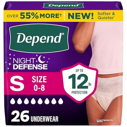 Depend Night Defense Adult Diapers, Incontinence & Postpartum Bladder Leak Underwear for Women, Disposable, Overnight, Small, Blush, 26 Count