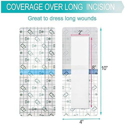 Waterproof Incision Bandages for Large Wounds Knee Hip Replacement Adhesive Island Dressing Bandage Tape Post Surgical Shower Protector, No Glue On Center 4 x 10 Inch (Pack of 14)