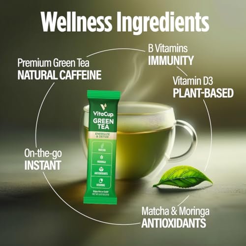 VitaCup Green Tea Instant Packets, Enhance Energy & Detox with Matcha, Moringa, B Vitamins, D3, Fiber, Keto, Paleo, Vegan in Tea Powder Single Serving Sticks, 10 Ct - görsel 7