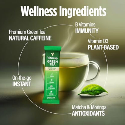 VitaCup Green Tea Instant Packets, Enhance Energy & Detox with Matcha, Moringa, B Vitamins, D3, Fiber, Keto, Paleo, Vegan in Tea Powder Single Serving Sticks, 10 Ct